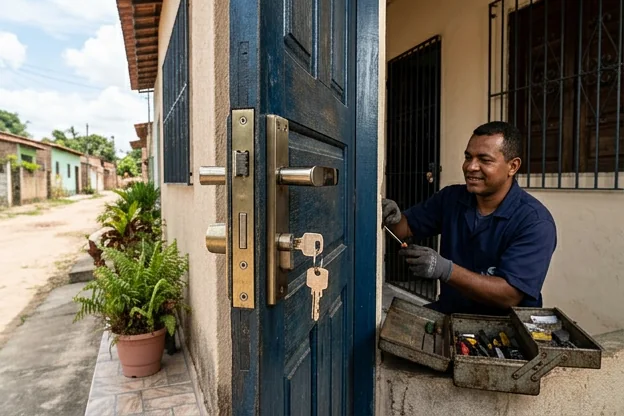 Fechadura segura instalada em uma porta de casa em Marituba.